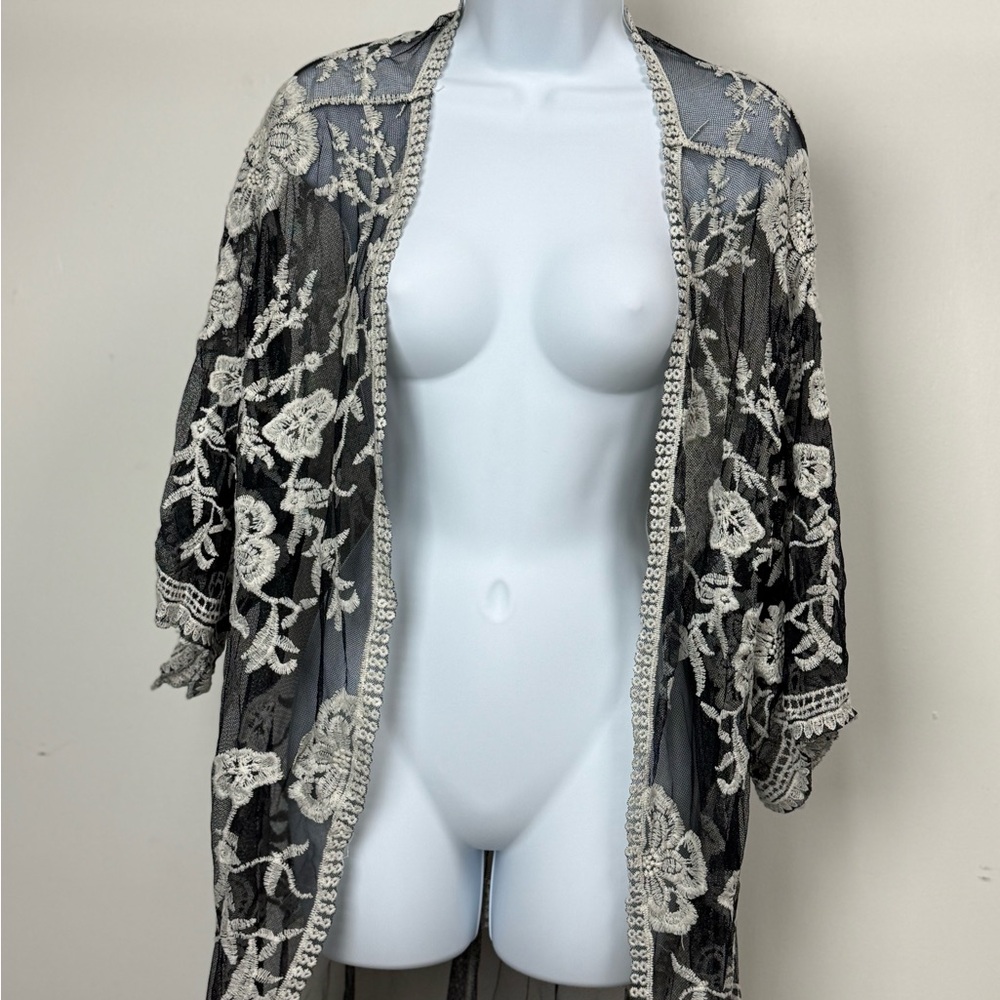 Black Lace Kimono with White Floral Embroidery